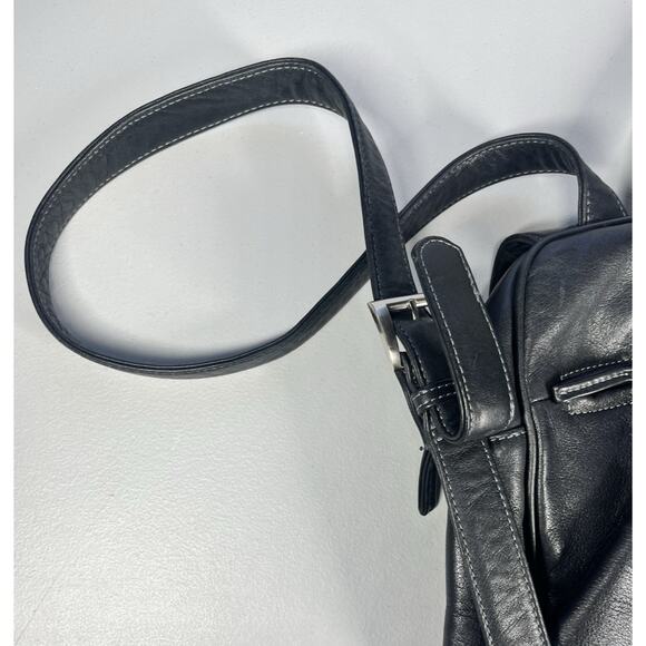 Tignanello Leather Backpack Black Bag Flap Over Zip Shoulder Straps Travel Purse - Picture 8 of 16